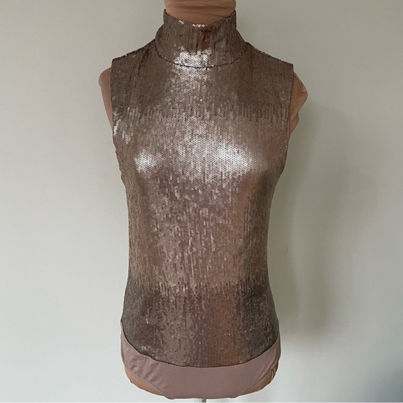 Anthropologie Floreat Sequin Mock Neck Gold Sleeveless Keyhole Bodysuit NWT Sz S - Picture 5 of 12